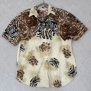 Vtg Button Up Shirt Womens M? Safari Lion Tiger King Mobwife Punk Grunge 80s 90s